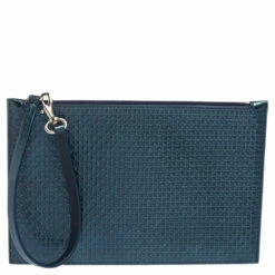Carolina Herrera Metallic Blue Micro Monogram Embossed Leather Wristlet Pouch Women