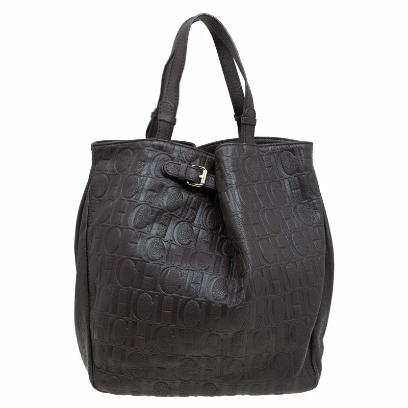 Carolina Herrera Dark Brown Monogram Leather Balmoral Tote Women