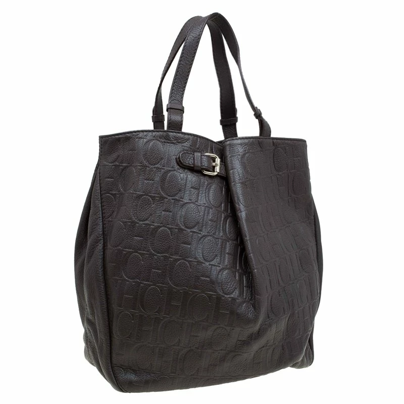 Carolina Herrera Dark Brown Monogram Leather Balmoral Tote Women