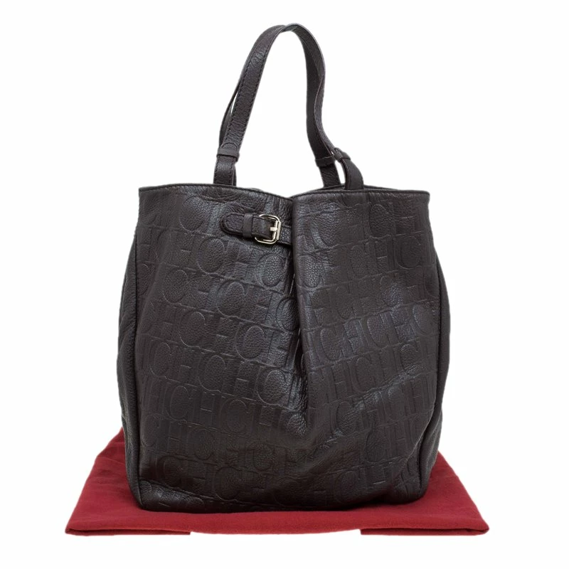 Carolina Herrera Dark Brown Monogram Leather Balmoral Tote Women