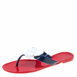 Carolina Herrera Tri Color Rubber Flower Embellished Flat Thong Sandals Size 40 Women - Red