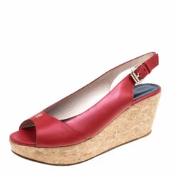 Carolina Herrera Red Leather Cork Platform Peep Toe Slingback Sandals Size 39 Women