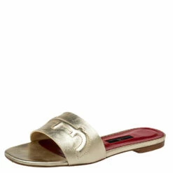 Carolina Herrera Metallic Gold Leather Slide Sandals Size 38 Women