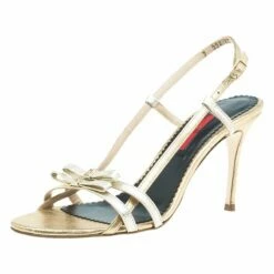 Carolina Herrera Gold Leather Bow Detail Slingback Sandals Size 40 Women