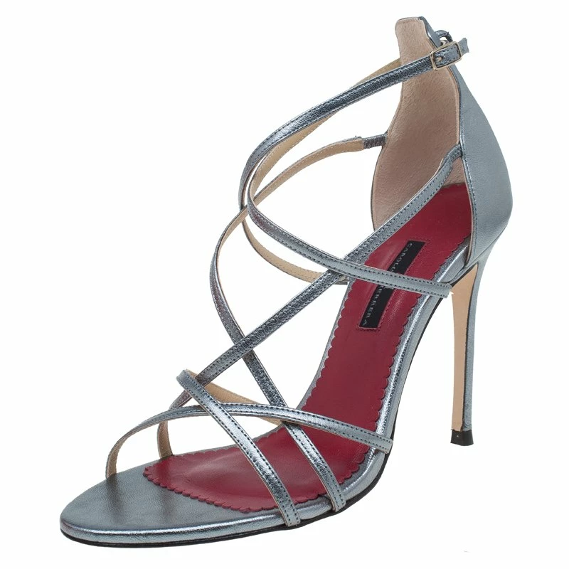 Carolina Herrera Silver Leather Strappy Sandals Size 38 Women