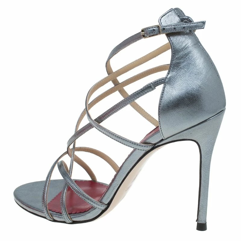 Carolina Herrera Silver Leather Strappy Sandals Size 38 Women
