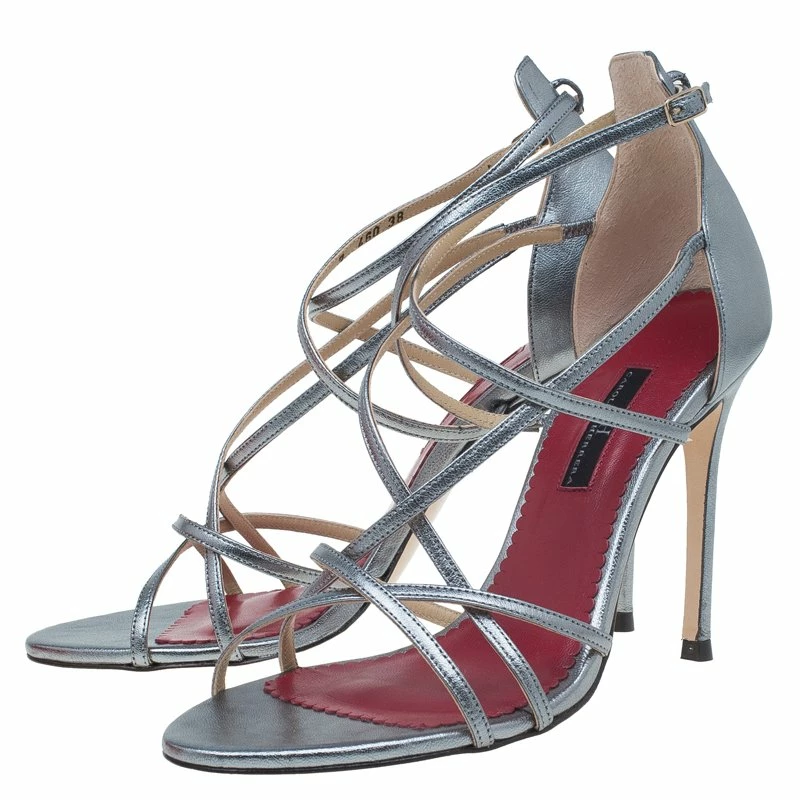 Carolina Herrera Silver Leather Strappy Sandals Size 38 Women