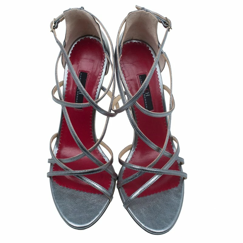 Carolina Herrera Silver Leather Strappy Sandals Size 38 Women