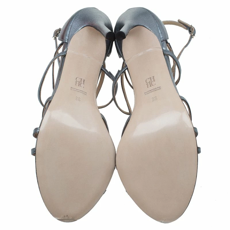 Carolina Herrera Silver Leather Strappy Sandals Size 38 Women