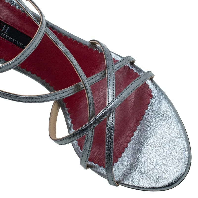 Carolina Herrera Silver Leather Strappy Sandals Size 38 Women