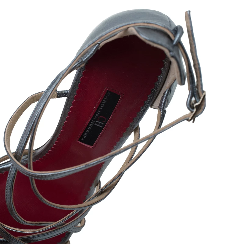 Carolina Herrera Silver Leather Strappy Sandals Size 38 Women