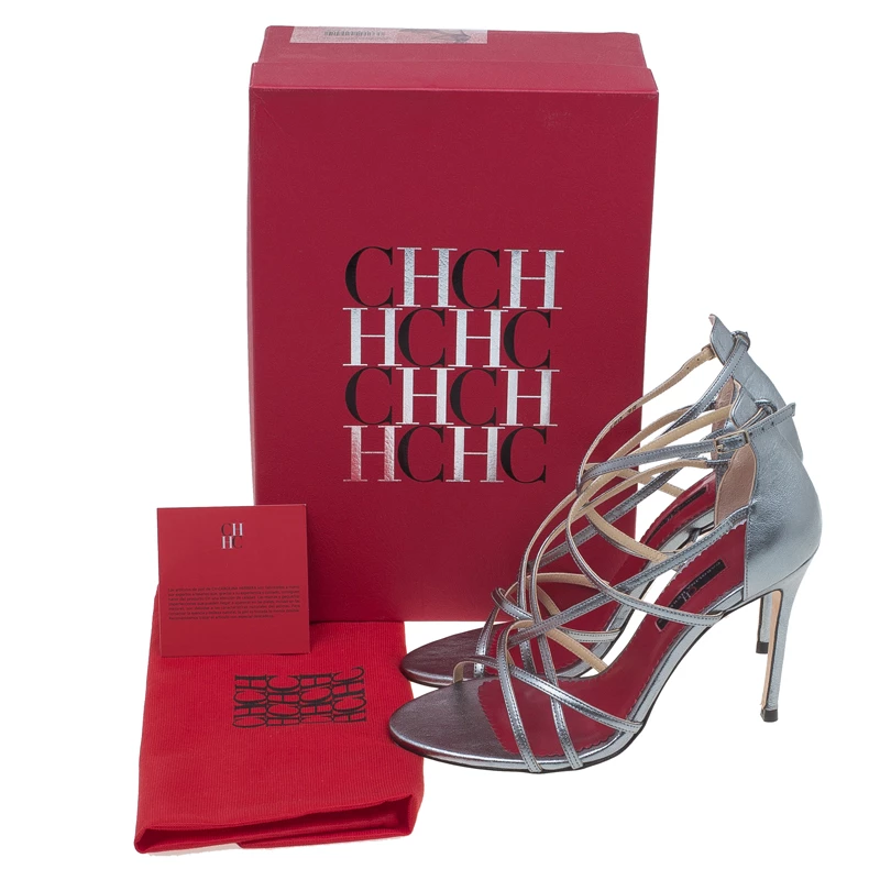 Carolina Herrera Silver Leather Strappy Sandals Size 38 Women