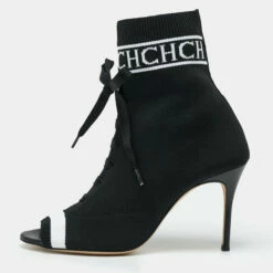 Carolina Herrera Black Knit Fabric Peep Toe Ankle Boots Size 39 Women