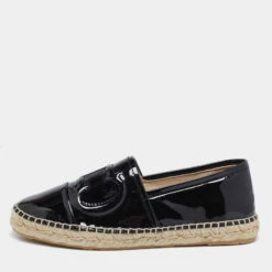 Carolina Herrera Black Patent Leather Logo Espadrilles Flats Size 38 Women