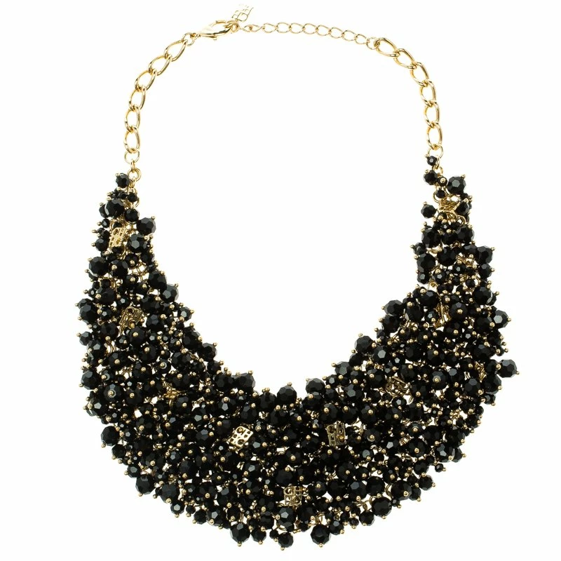 CH Carolina Herrera Black Beads Gold Tone Necklace Women
