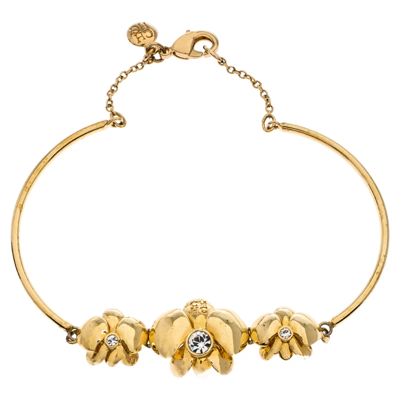 Carolina Herrera Crystal Embedded Floral Gold Tone Bracelet Women