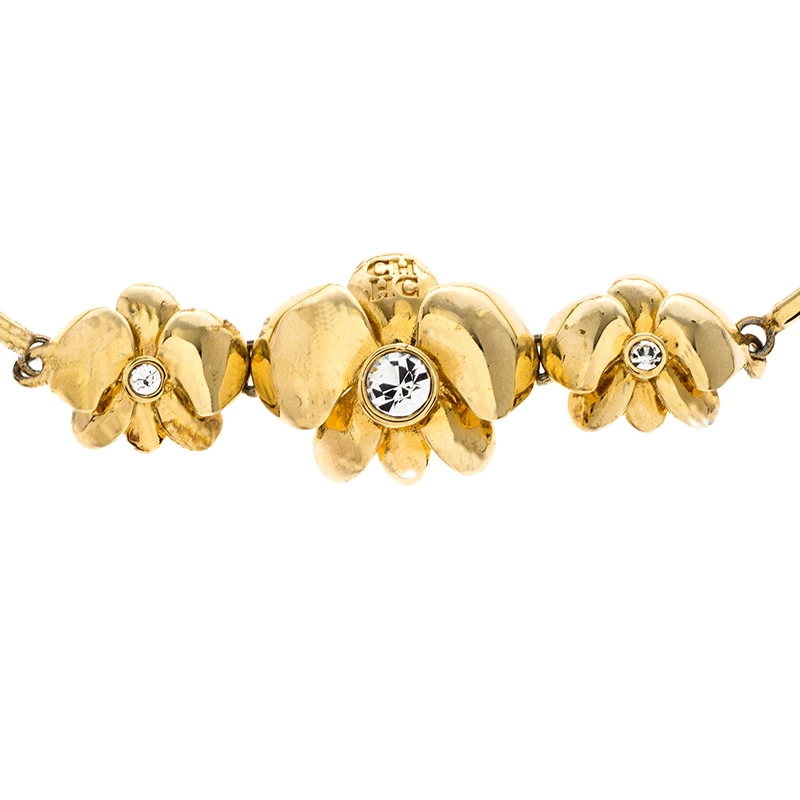 Carolina Herrera Crystal Embedded Floral Gold Tone Bracelet Women