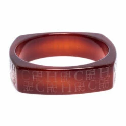 Carolina Herrera Tan Brown Logo Etched Wide Bangle Bracelet Women