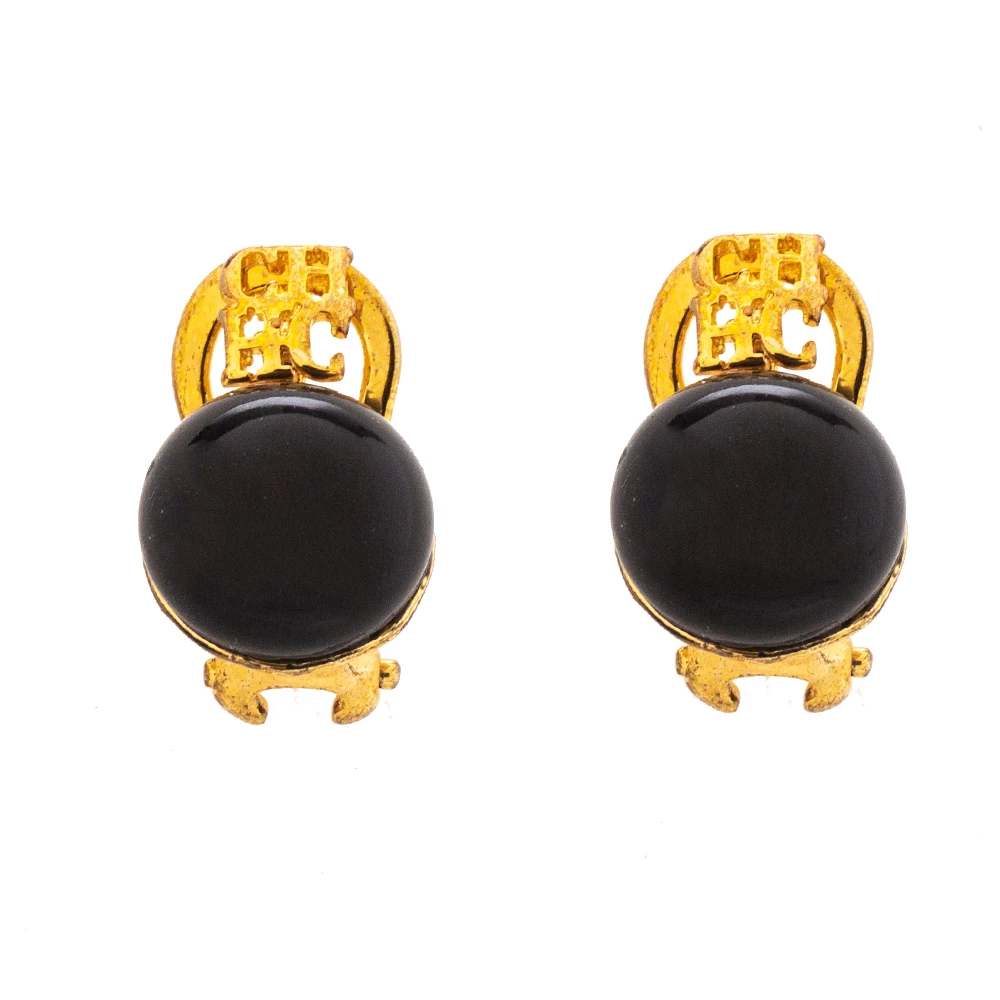 CH Carolina Herrera Black Resin Metal Logo Gold Tone Earrings Women