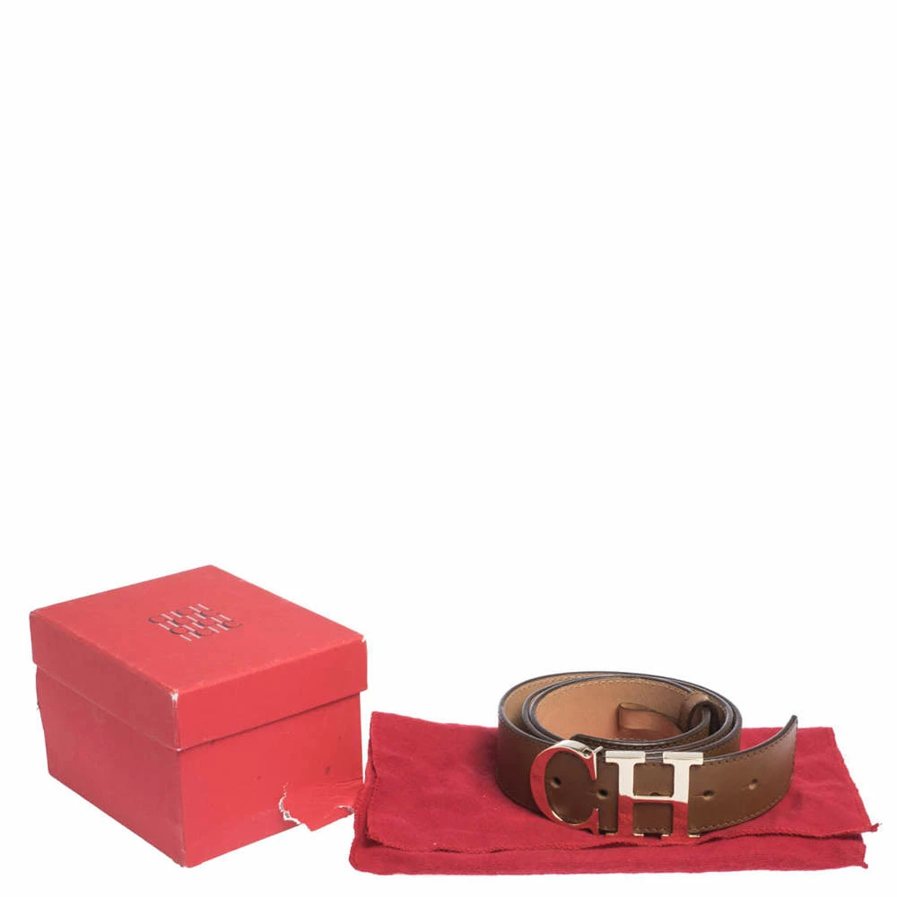 Carolina Herrera Brown Leather CH Logo Buckle Belt 90CM Women