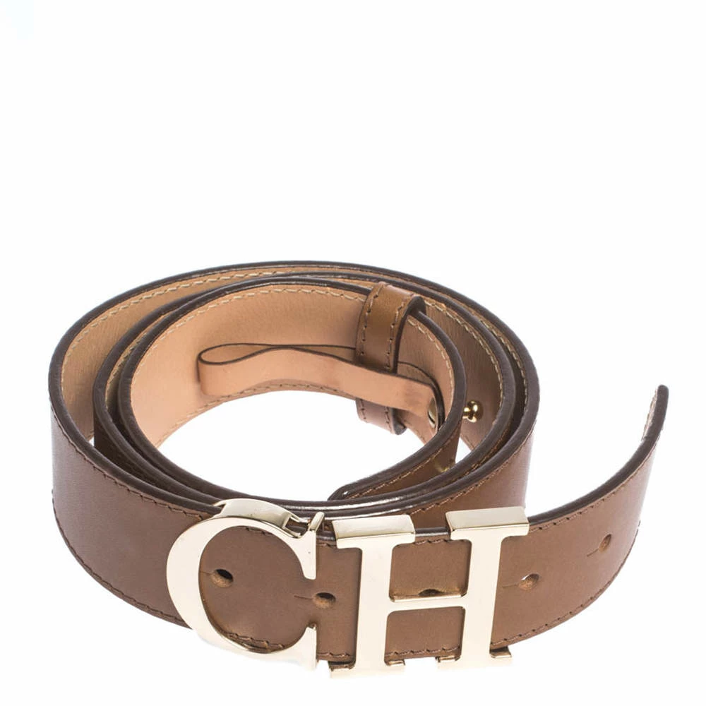 Carolina Herrera Brown Leather CH Logo Buckle Belt 90CM Women