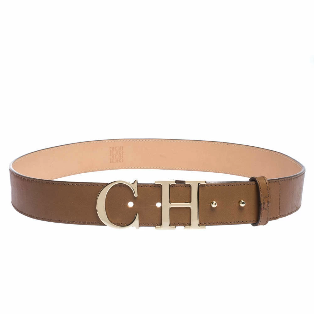 Carolina Herrera Brown Leather CH Logo Buckle Belt 90CM Women