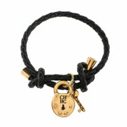 CH Carolina Herrera Lock & Key Braided Black Leather Gold Tone Bracelet Women