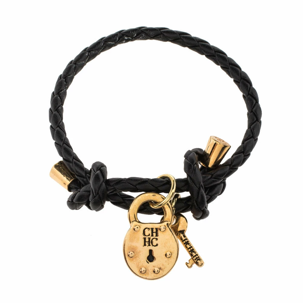 CH Carolina Herrera Lock & Key Braided Black Leather Gold Tone Bracelet Women