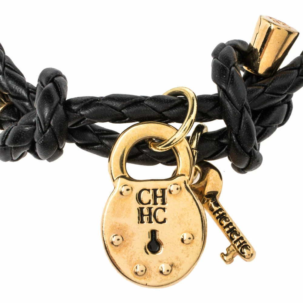 CH Carolina Herrera Lock & Key Braided Black Leather Gold Tone Bracelet Women
