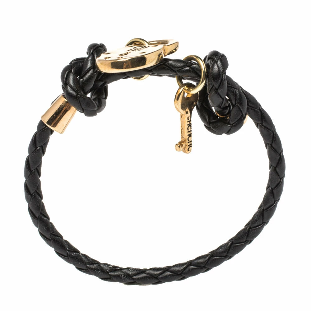CH Carolina Herrera Lock & Key Braided Black Leather Gold Tone Bracelet Women