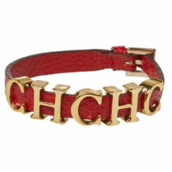 CH Carolina Herrera Red Leather Gold Tone Logo Charm Bracelet Women