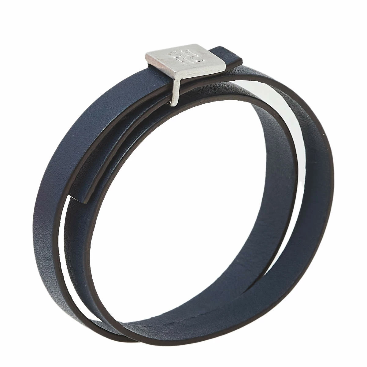 Carolina Herrera Navy Blue Leather Let it Glow Double Wrap Bracelet Women