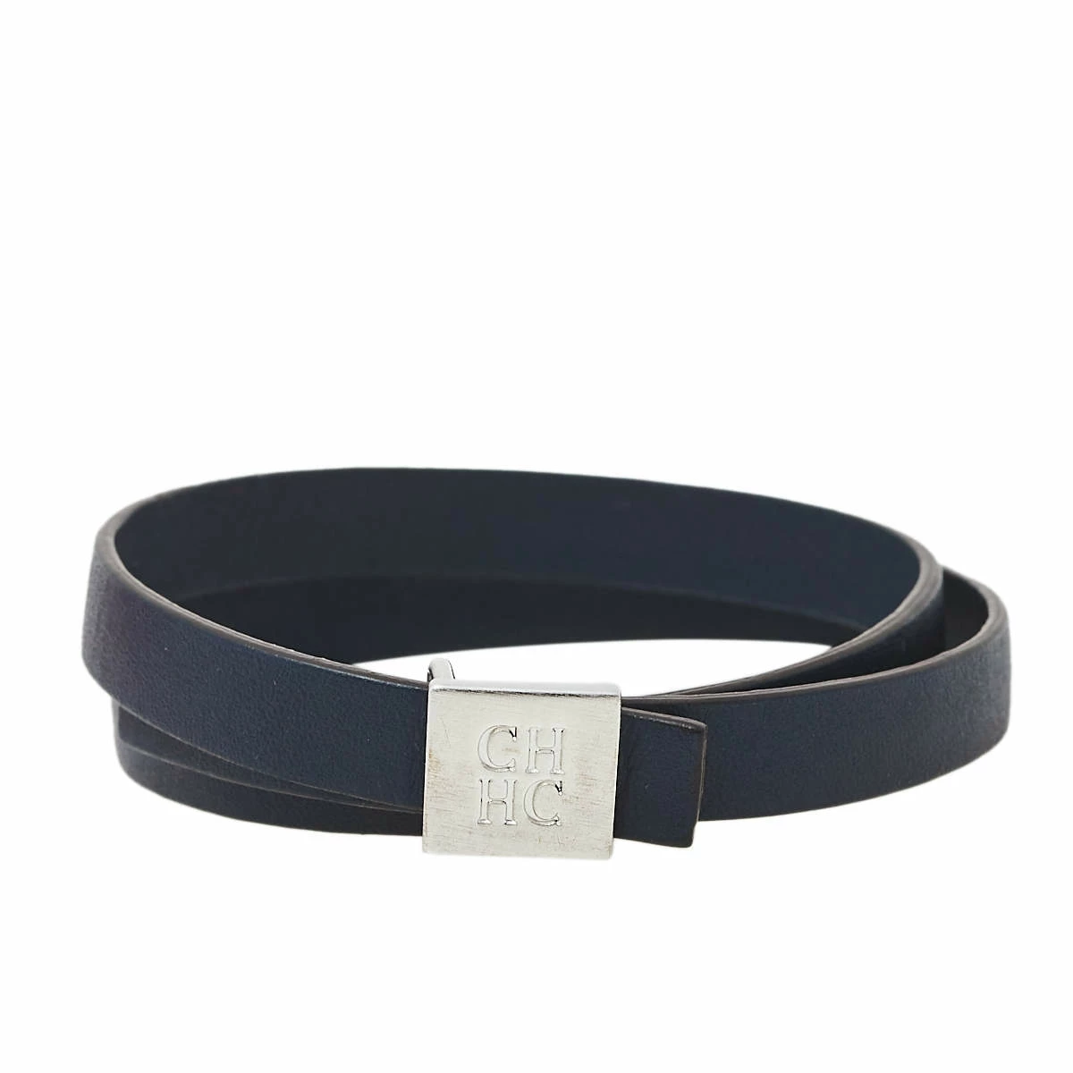 Carolina Herrera Navy Blue Leather Let it Glow Double Wrap Bracelet Women