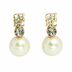 Carolina Herrera Faux Peal Gold Tone Logo Earrings Women