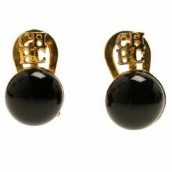 CH Carolina Herrera Black Pearl Gold Tone Metal Logo Earrings Women