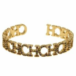 CH Carolina Herrera Logo Multicolored Crystals Gold Tone Cuff Bracelet Women