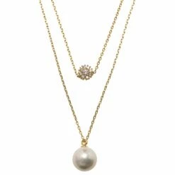 CH Carolina Herrera Faux Pearl Gold Tone Double Chain Necklace Women