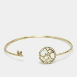 Carolina Herrera CH Key Logo Crystals Gold Tone Open Cuff Bracelet Women