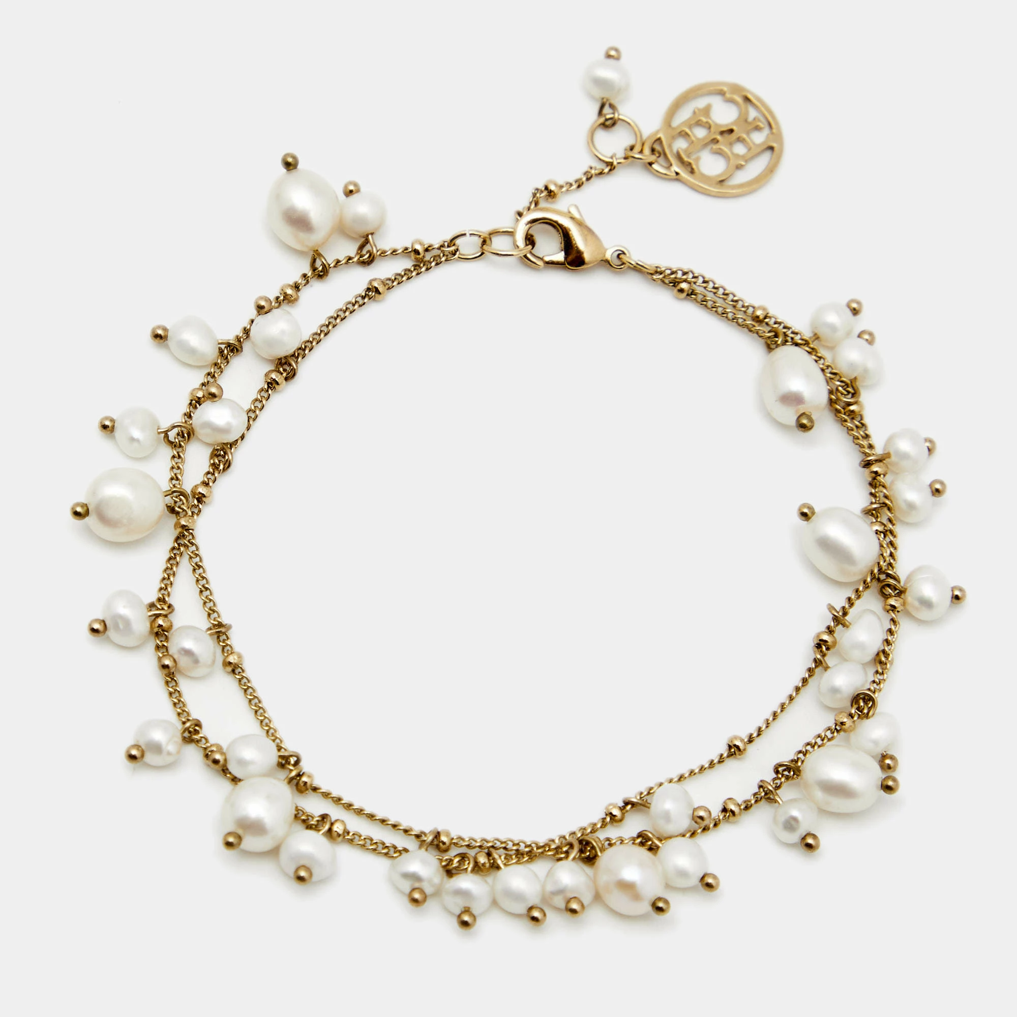 Carolina Herrera Faux Pearl Gold Tone Double Chain Bracelet Women