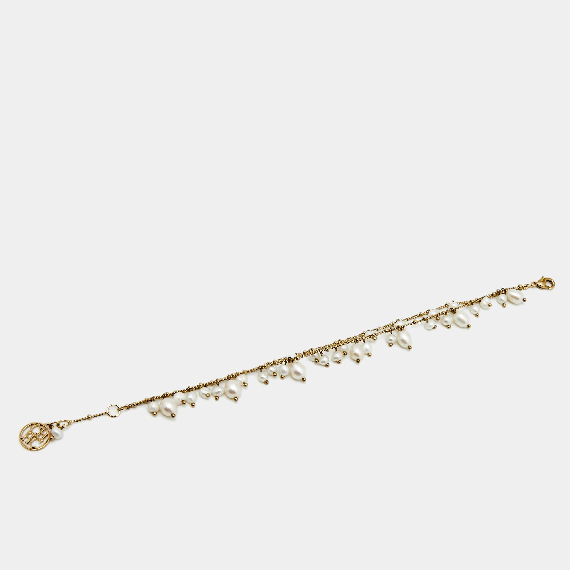 Carolina Herrera Faux Pearl Gold Tone Double Chain Bracelet Women