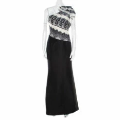 Carolina Herrera Monochrome Lace Print Silk One Shoulder Evening Gown L Women - Black