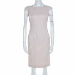 Carolina Herrera Pale Pink Embossed Jacquard Cap Sleeve Sheath Dress XS Women