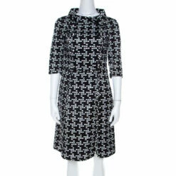 CH Carolina Herrera Black And White Printed Silk Blend Portrait Collar Dress M Women