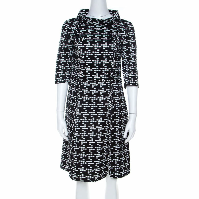 CH Carolina Herrera Black and White Printed Silk Blend Portrait Collar Dress M Women