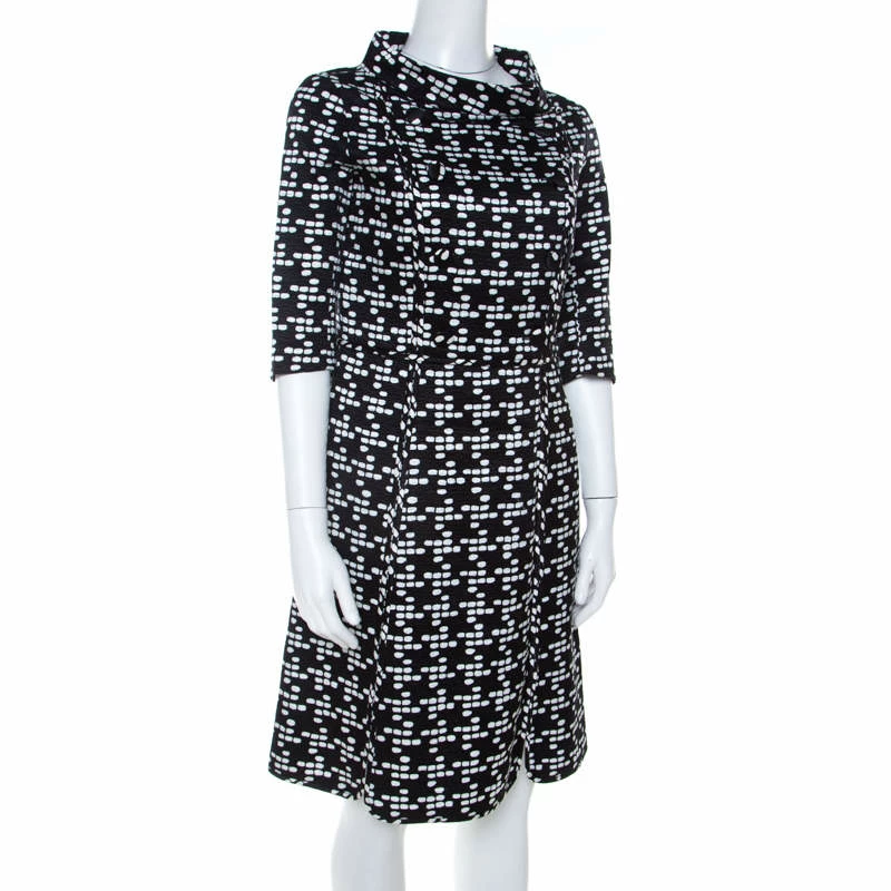 CH Carolina Herrera Black and White Printed Silk Blend Portrait Collar Dress M Women