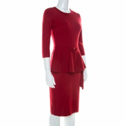 Alternative view of Carolina Herrera Red Stretch Wool Peplum Dress S Women