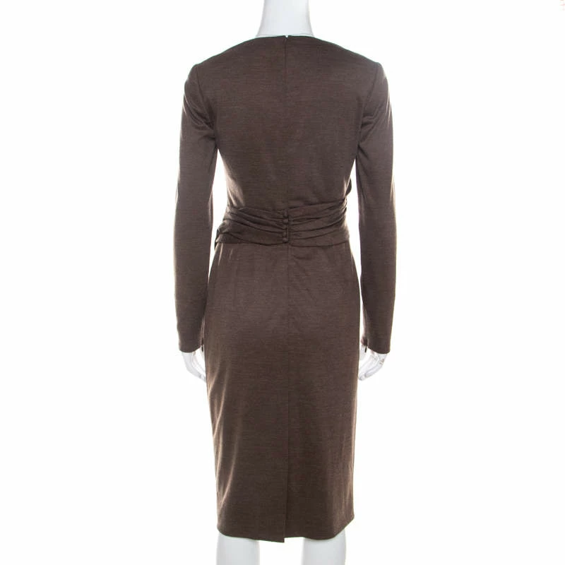 Carolina Herrera Brown Wool Asymmetric Draped Fitted Dress S Women