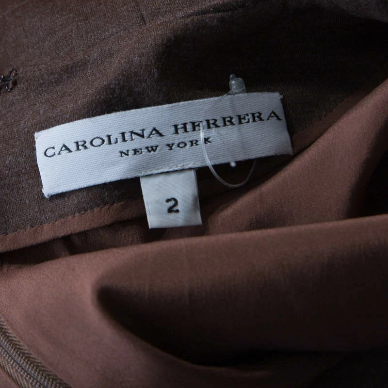 Carolina Herrera Brown Wool Asymmetric Draped Fitted Dress S Women