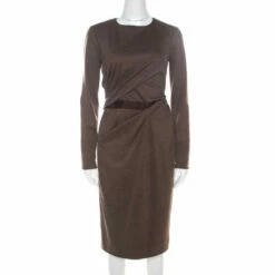 Carolina Herrera Brown Wool Asymmetric Draped Fitted Dress S Women