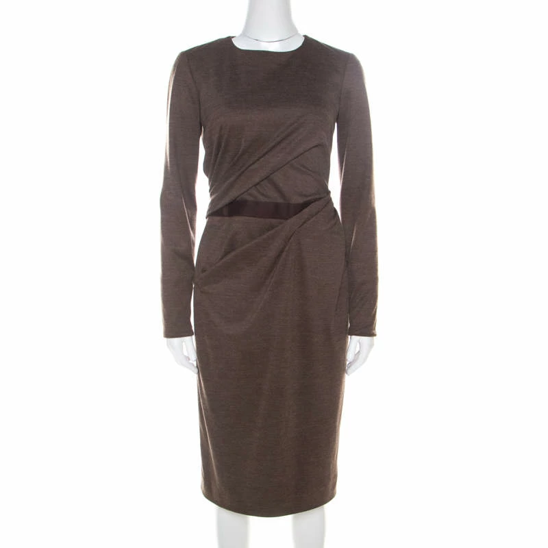 Carolina Herrera Brown Wool Asymmetric Draped Fitted Dress S Women